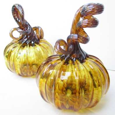 blown glass pumpkins amber pair two curly stems brown glass